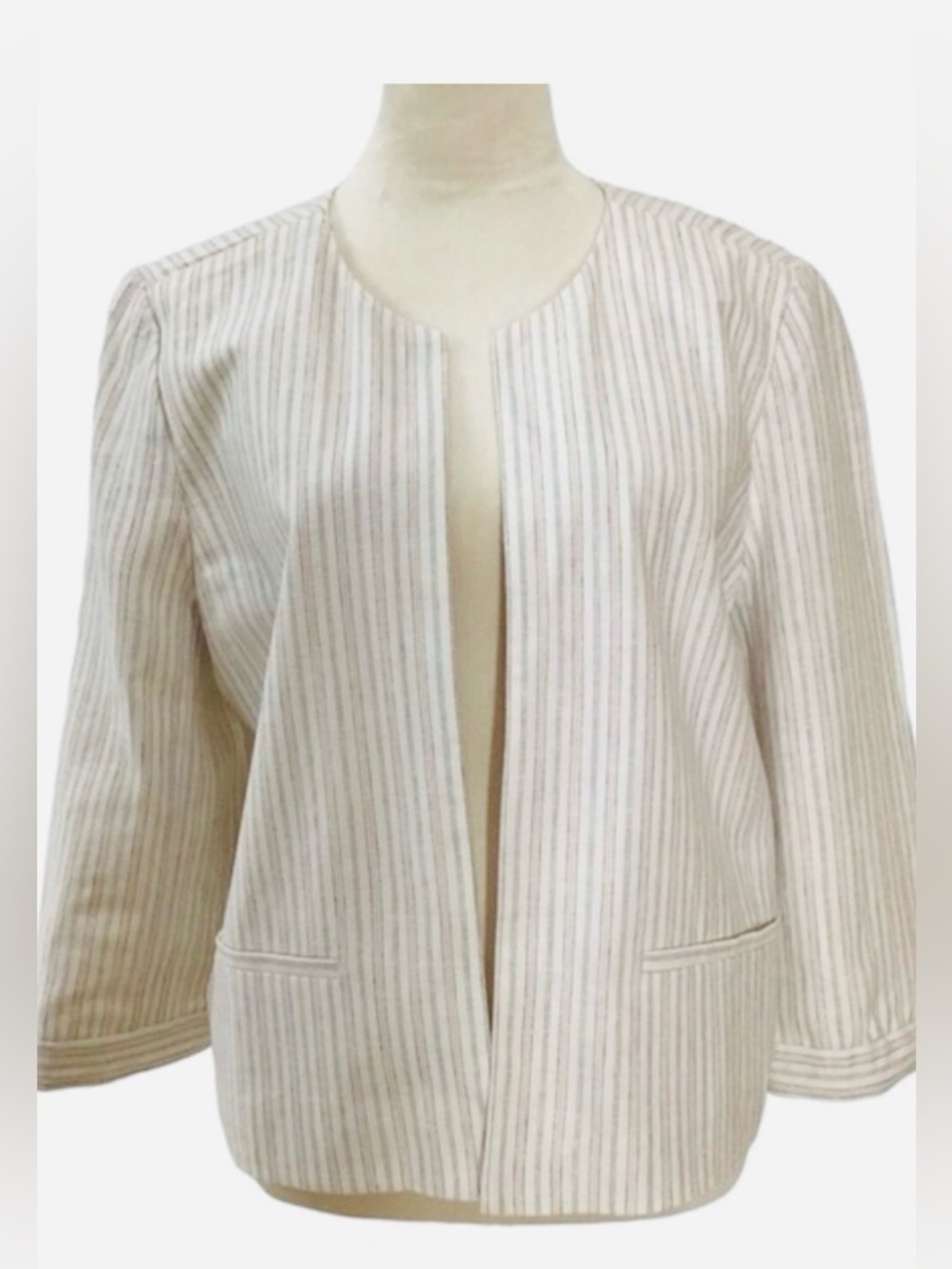 Loft Outlet Linen Blend Striped Open Front Blazer Jacket Tie Detail Sleeves L